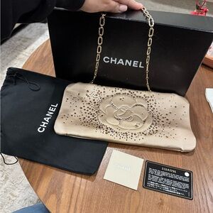 CHANEL Beige Floral Embellished Clutch